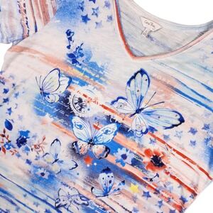 Coral Bay Women L Blue Butterfly Patriotic Graphic Tee Americana USA Embellished